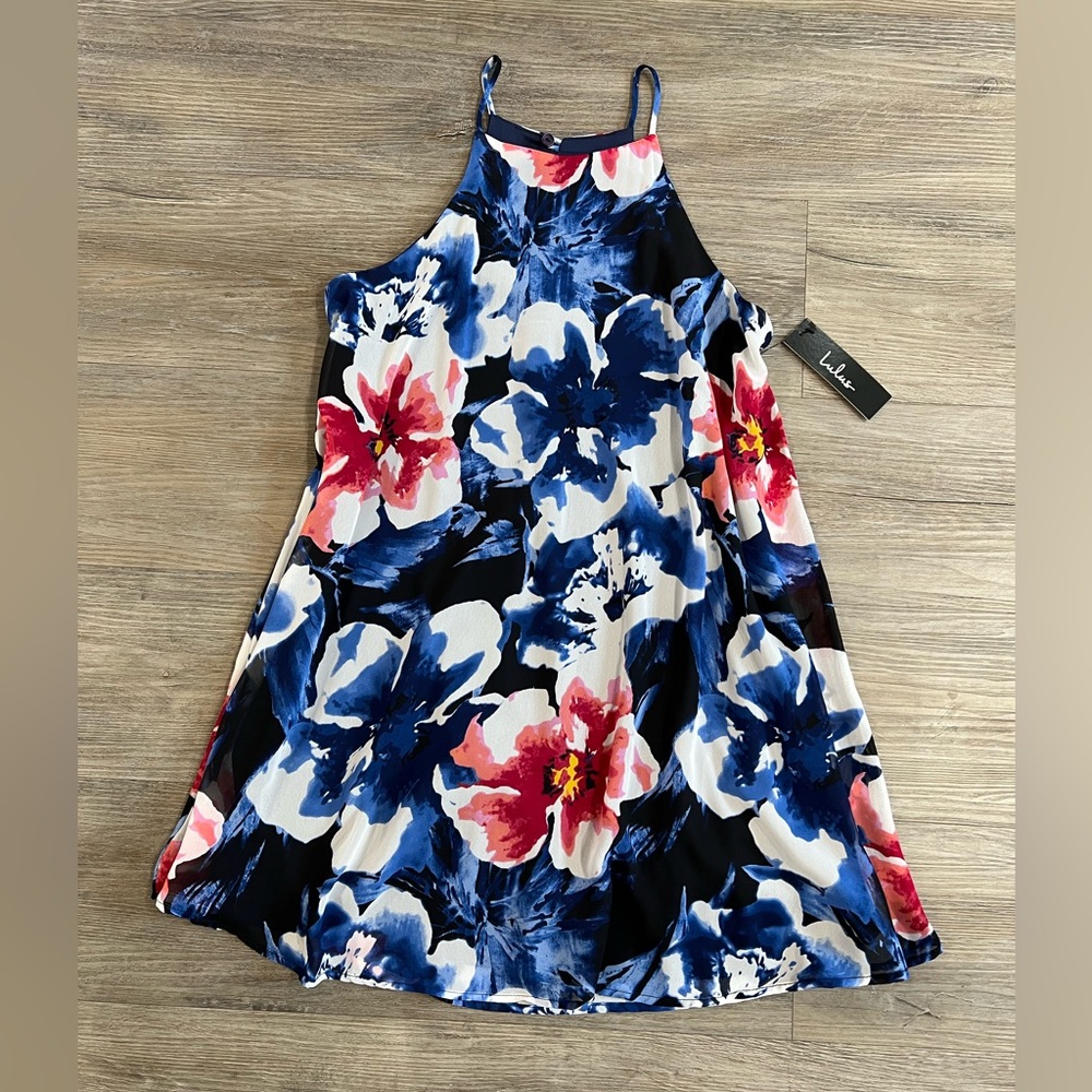 Brand new with tag, Lulus black and blue floral mini dress size small.